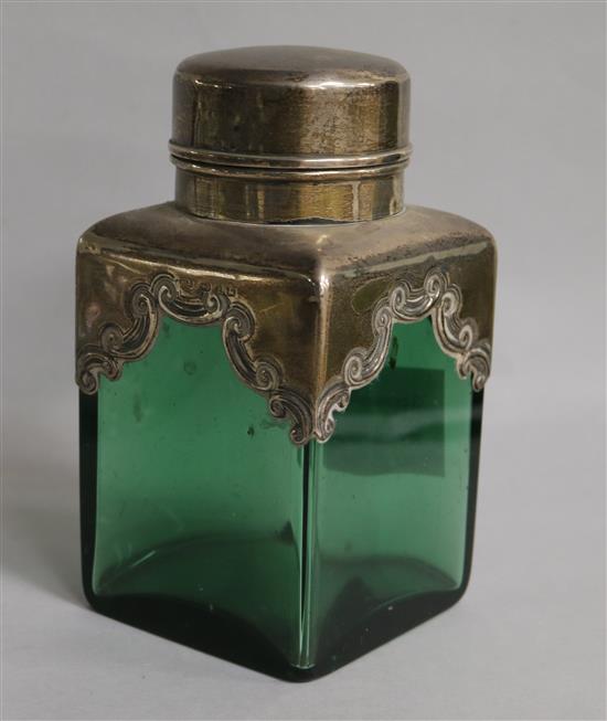 A late Victorian silver mounted green glass salts? jar and cover, 15.5cm.